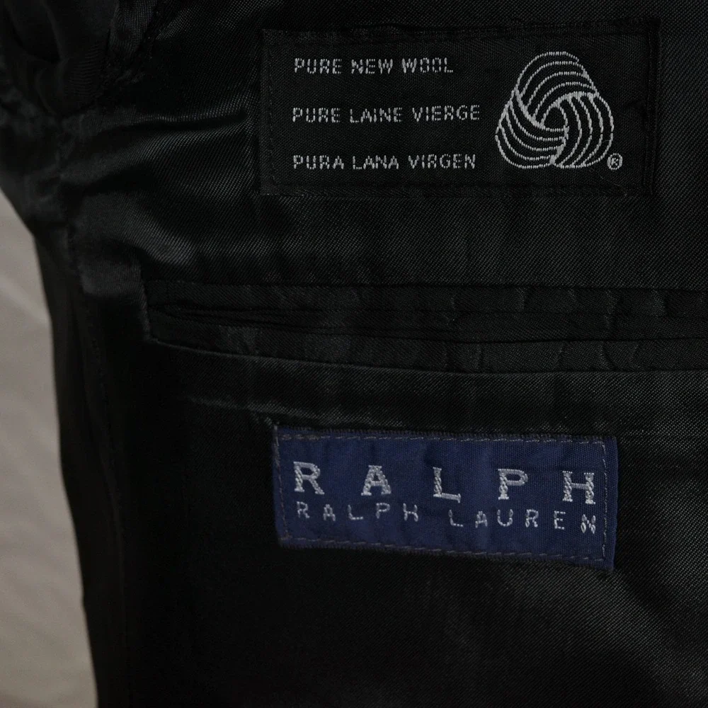 Ralph Lauren Suit Men 40T 36W 32L Black Blue Windowpane Plaid‎ 3 Button Wool VTG